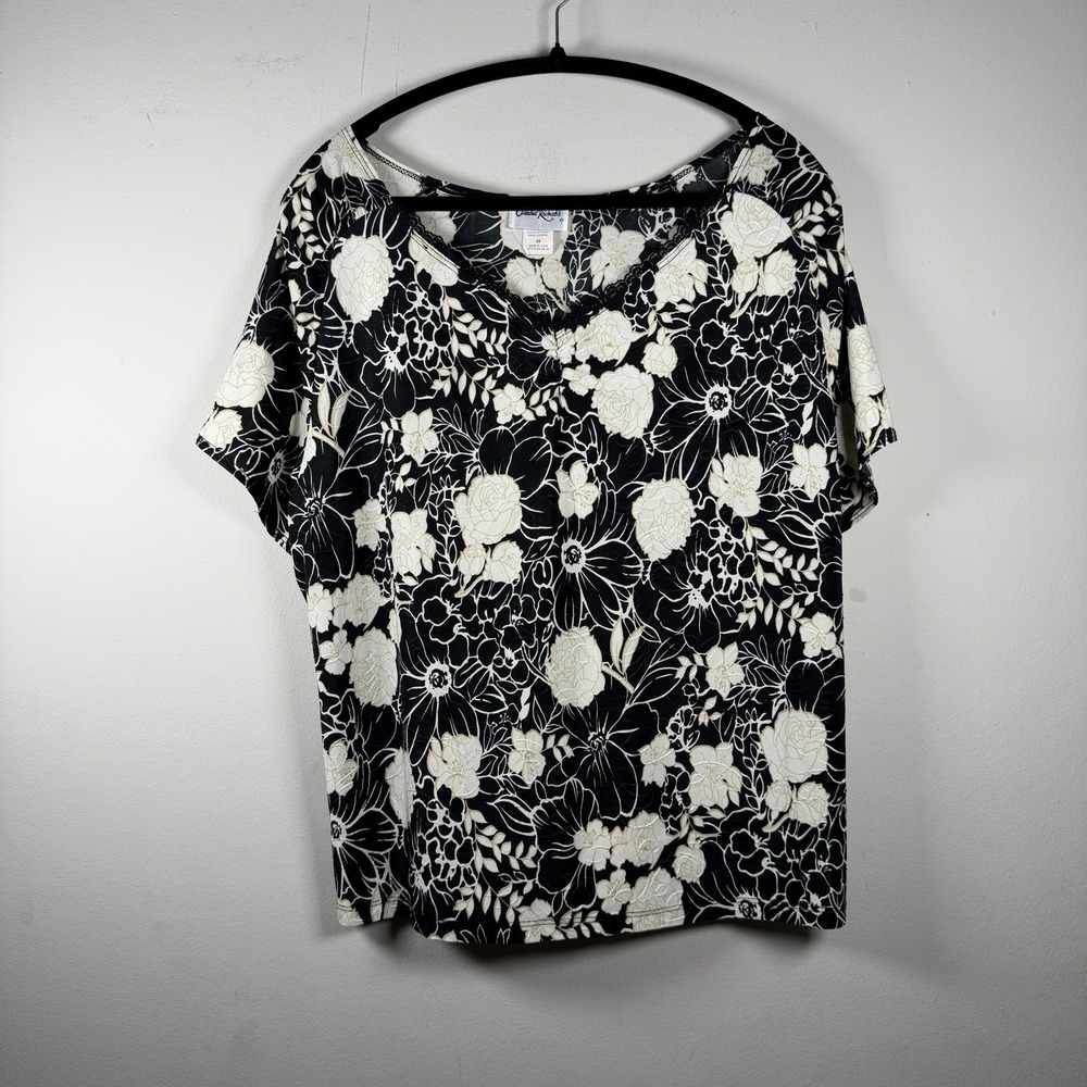 VTG Claudia Richard Black 2X White Floral Print Blouse short sleeve Blouse Soft